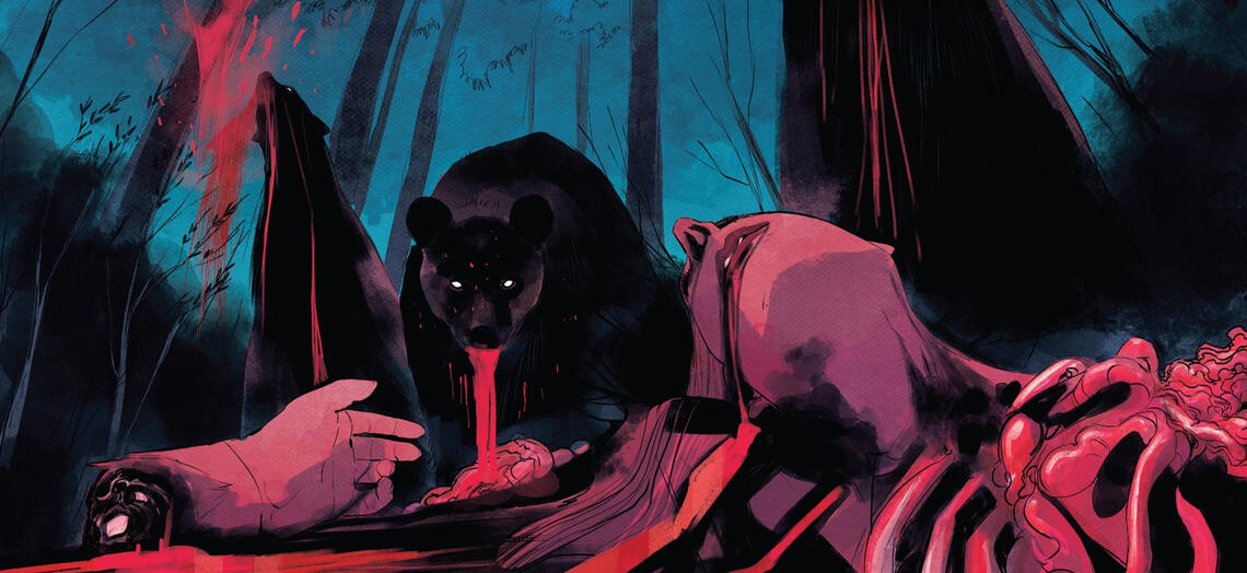 Comic panel from House Of Slaughter, two cadavers are cropped in the foreground as three bears with bloody mouths stand in the dark midground.