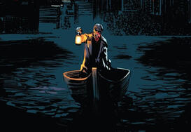 Comic cover of House Of Slaughter, Edwin Slaughter rowing a little boat in dark waters while holding a lantern aloft.